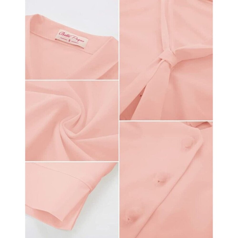 Belle Poque Women XL Pink Vtg Inspired Tie Neck Blouse Short Sleeve Cropped Top - Picture 6 of 8